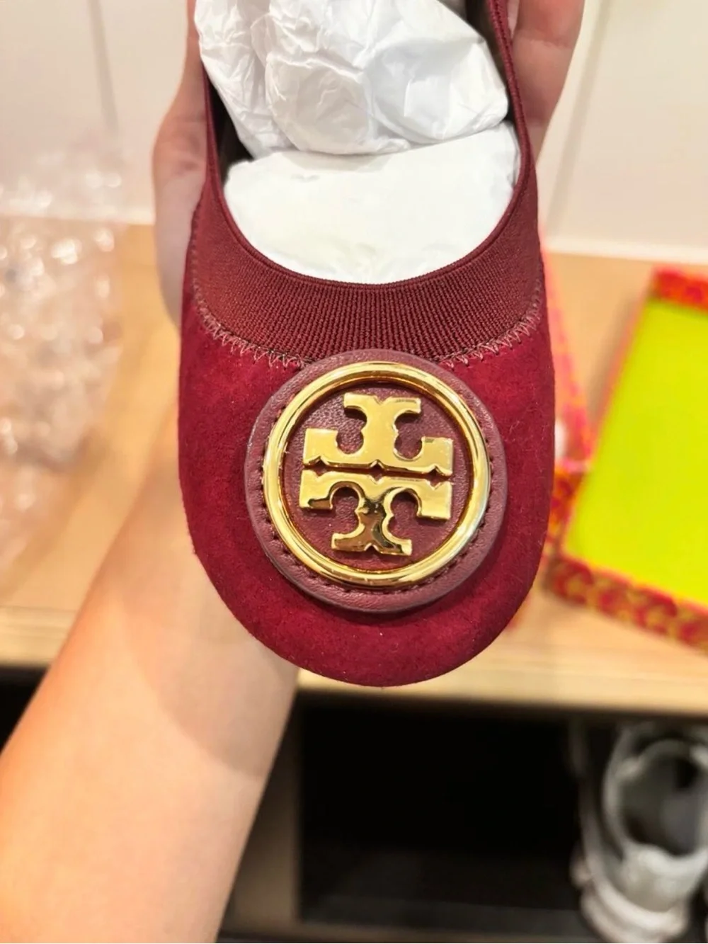 Tory Burch Wine Red Suede Logo Ballet Flats